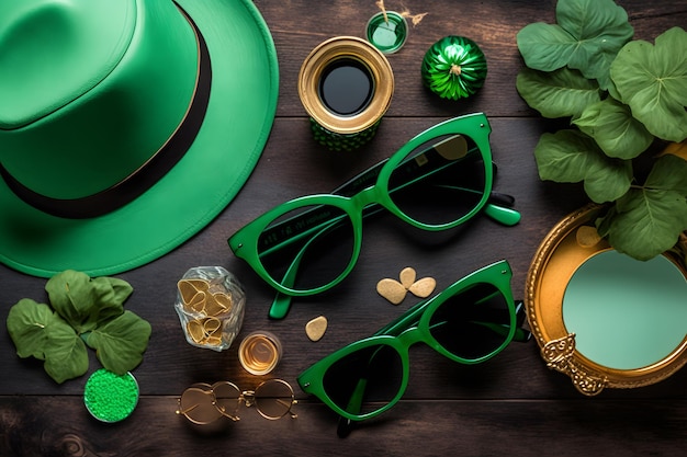 A table with a hat, glasses, and a plate of gold and green leaves.