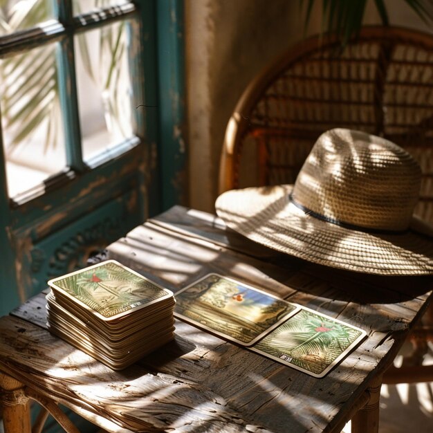 Photo a table with hats and a hat on it