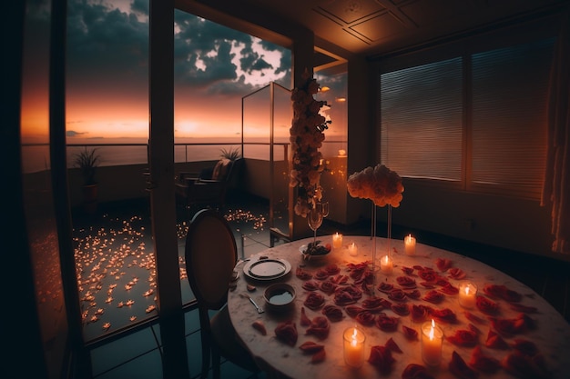 a table with a heart shaped candle and a candle on it