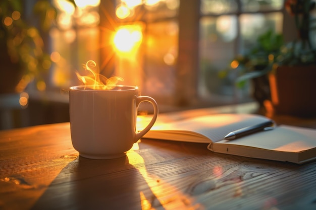 뜨거운 커피 컵과 함께 테이블 아침 분위기 노트북 펜과 왼쪽에 공간