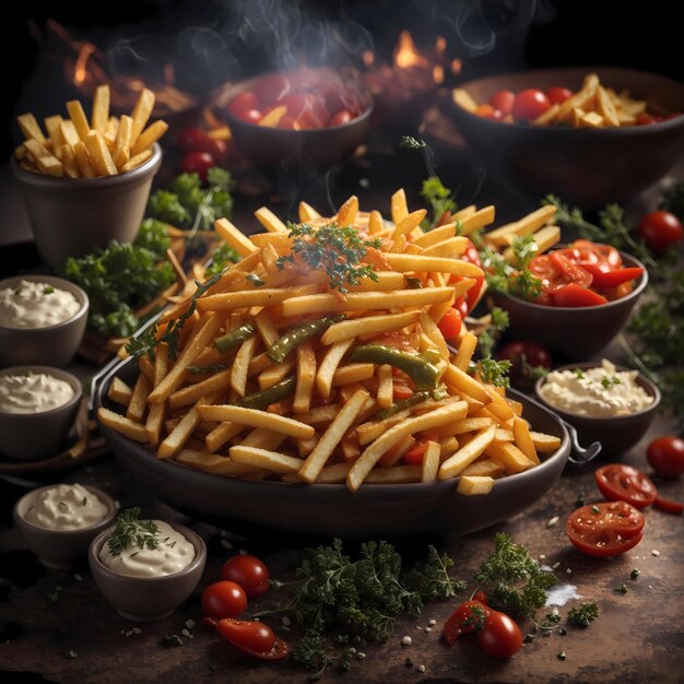 a table with a hot dog and fries and ketchup and ketchup.