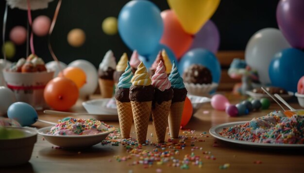 Foto un tavolo con sopra dei coni gelato e dei palloncini