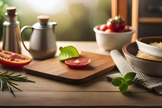 Foto un tavolo con un barattolo di pomodori, pomodori e basilico.