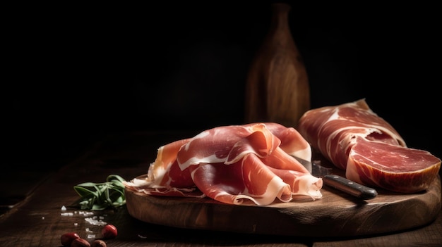 A table with a knife and a plate of prosciutto