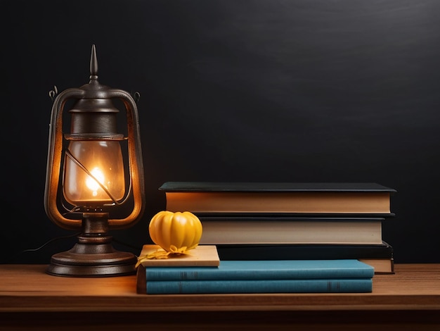 a table with a lamp book book and a book on it