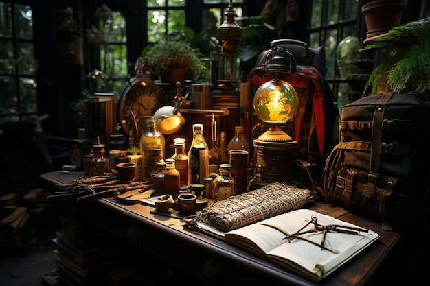 a table with a lamp and a book on it