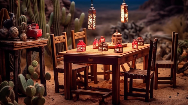 A table with a lamp and a cactus in the background