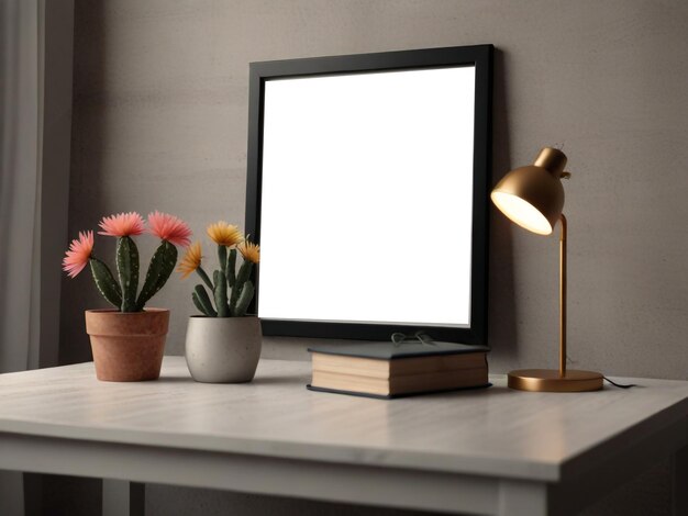 a table with a lamp and flowers on it