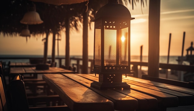 A table with a lamp on it with the sun setting behind it