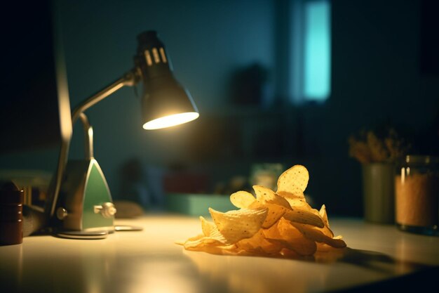 A table with a lamp and a pile of potato chips on it