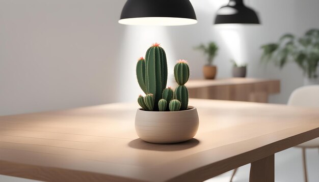 Photo a table with a lamp and a potted cactus on it