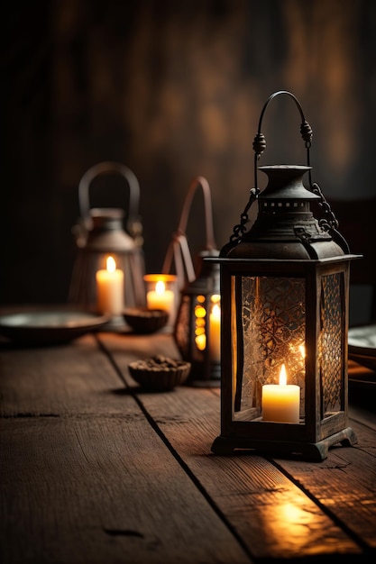 A table with a lantern and candles on it