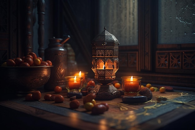 A table with a lantern and some candles on it