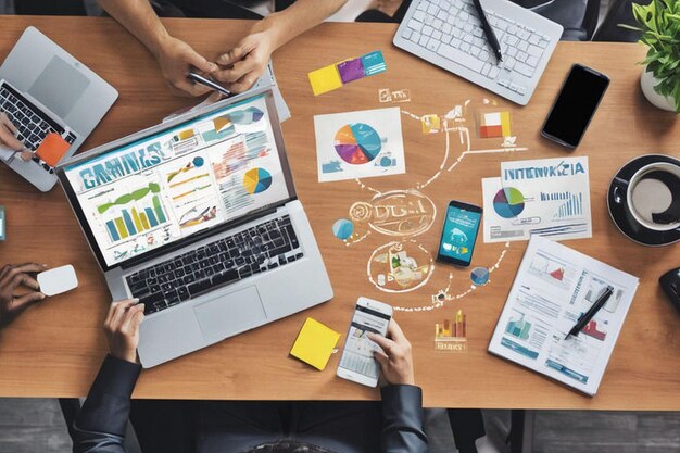 Photo a table with a laptop a graphic chart and a graphic of a chart that saysdamon it