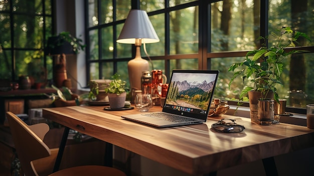 Table With Laptop In Home Office Interior generated by ai