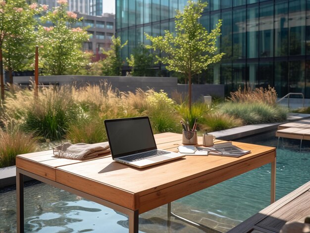 A table with a laptop on it and a fountain in the background.