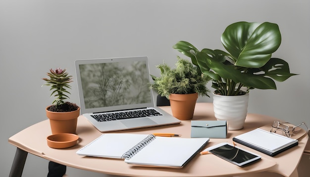 a table with a laptop laptop and plants on it