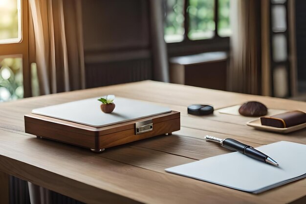 A table with a laptop and a pen on it