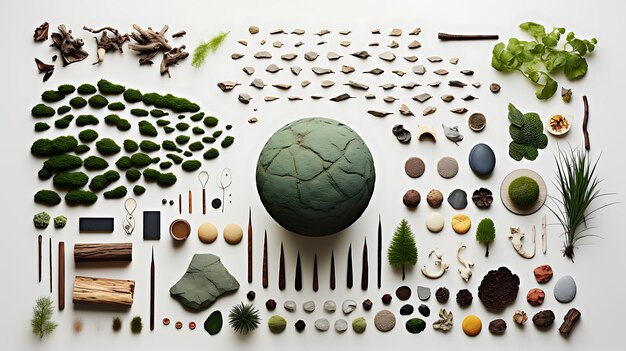 Photo a table with a large green ball and a wooden box with a tree on it