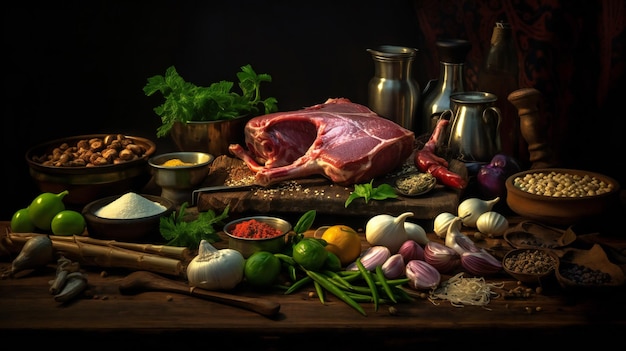 A table with a large piece of meat and spices on it.