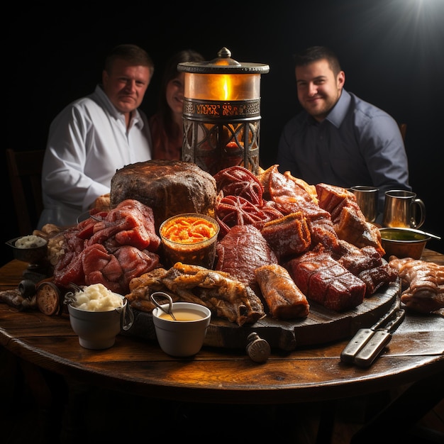 A table with a large tray of meats and a large container with the word x on it.