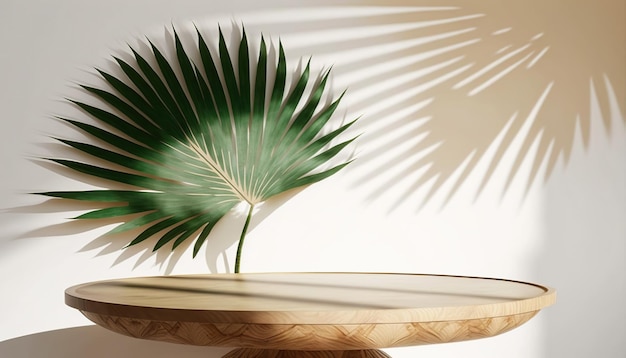 A table with a leaf on it and the shadow of a palm tree on the wall