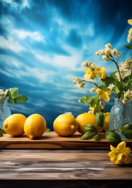 A table with lemons and flowers on it