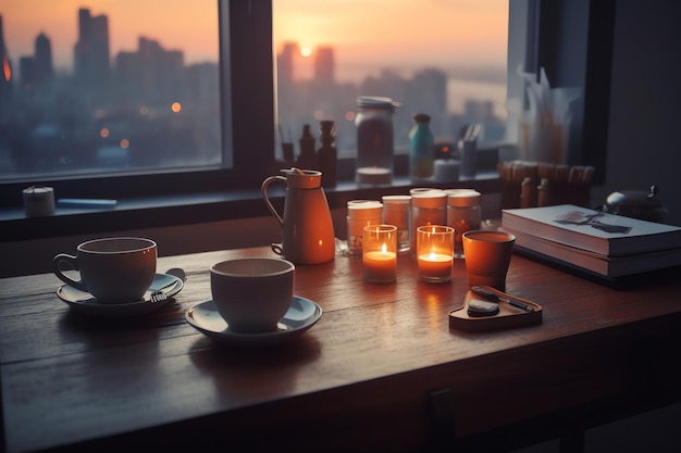 A table with a lit candle and a book on it