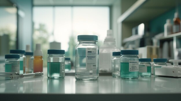 A table with a lot of bottles of medicine and a glass bottle with a blue label that says'lab '