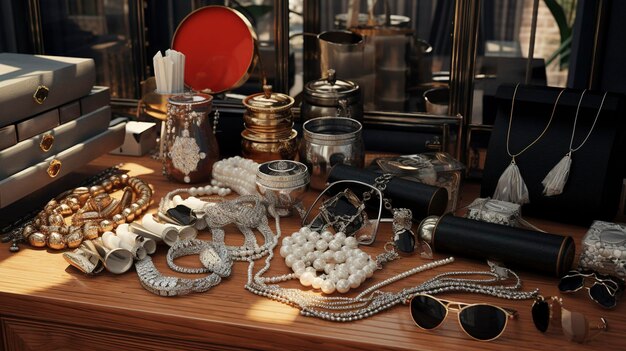 Photo a table with a lot of items including a pair of sunglasses a pair of sunglasses and a pair of sunglasses