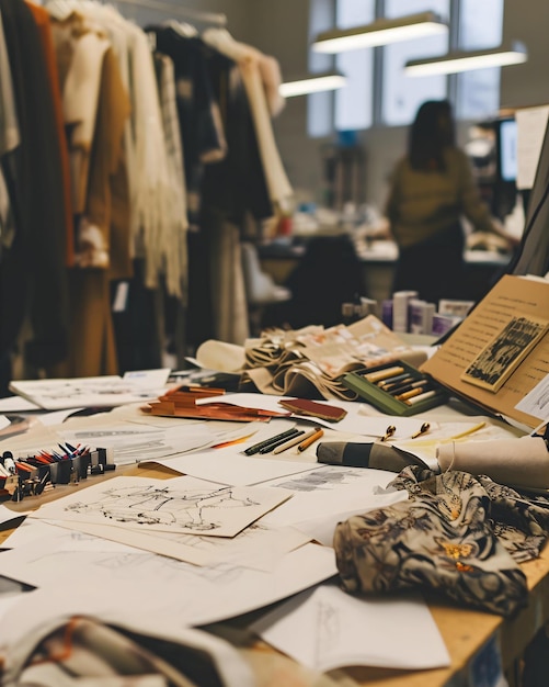 a table with a lot of papers and clothes on it