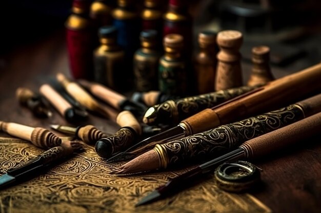 A table with a lot of pens and a pipe.