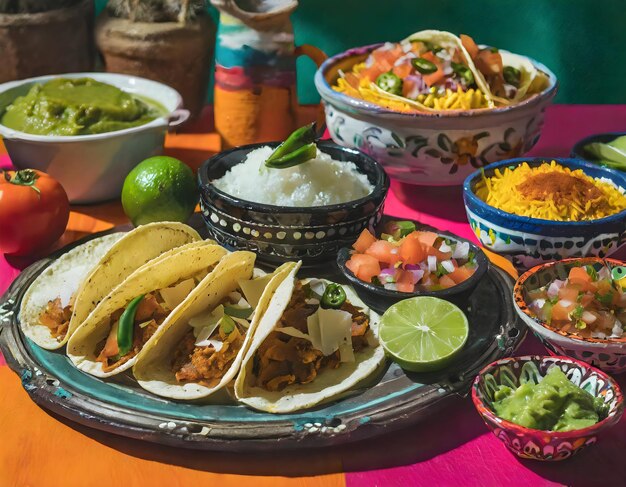 a table with many bowls of food including guacamole riceveggies and tacos