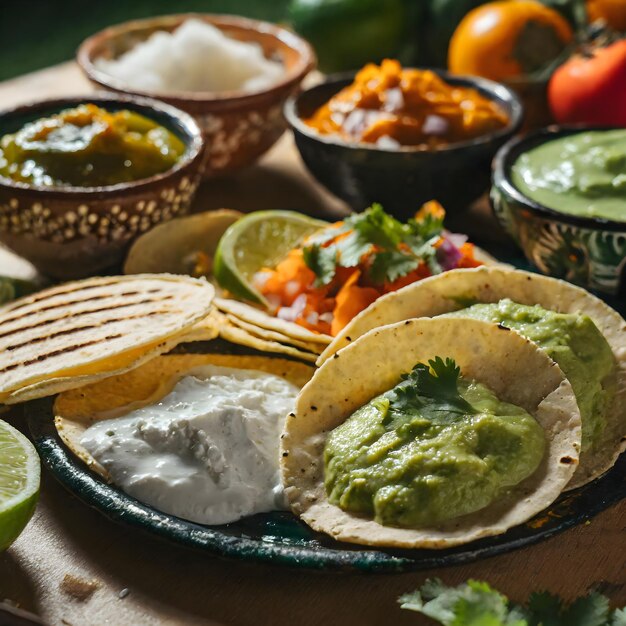 a table with many bowls of food including guacamole