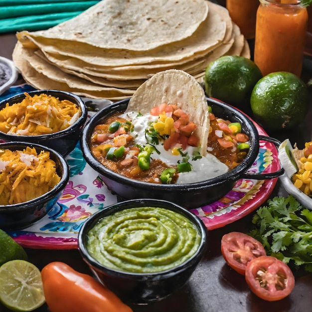 a table with many bowls of food including guacamole