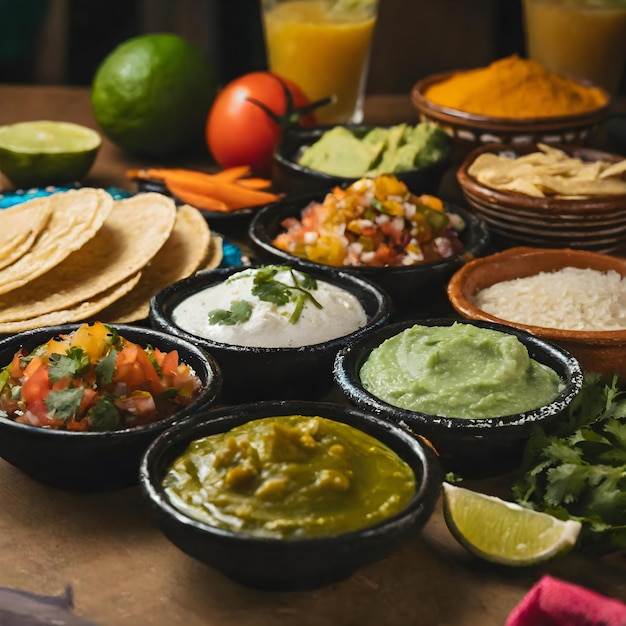 a table with many bowls of food including guacamole