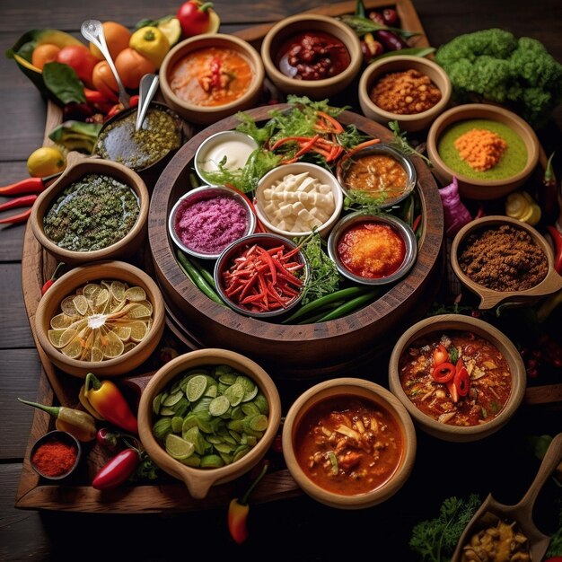 a table with many bowls of food including one that says quot veggies quot