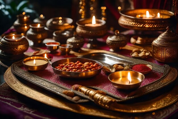 A table with many candles and a candle