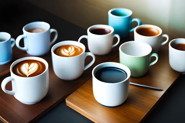 Photo a table with many cups of coffee and a spoon on it