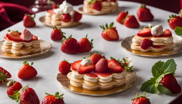 a table with many desserts including strawberries and cream