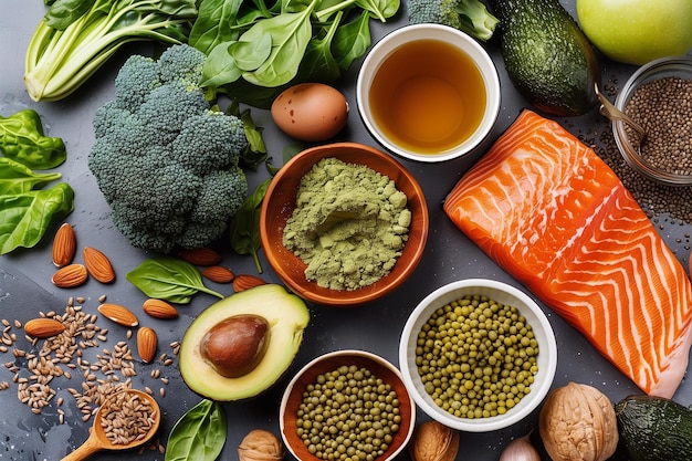 Foto un tavolo con molti cibi diversi tra cui broccoli, avocado e avocado