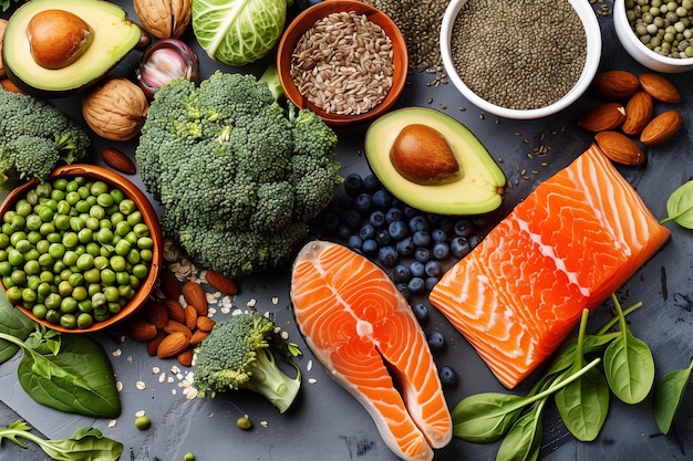 a table with many different foods including broccoli beans and other foods