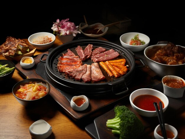 A table with many different foods including meat, broccoli, and meat.