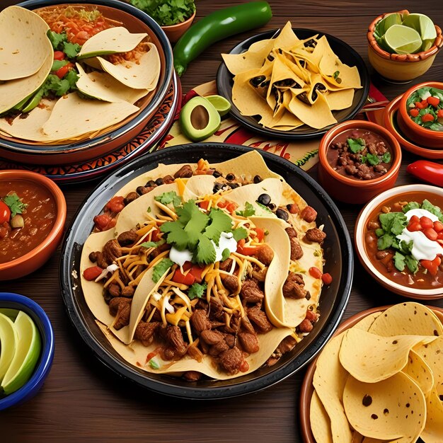 a table with many different foods including tortillas chips and salsa