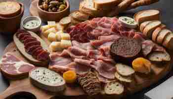 Photo a table with many different types of food including ham cheese and olives