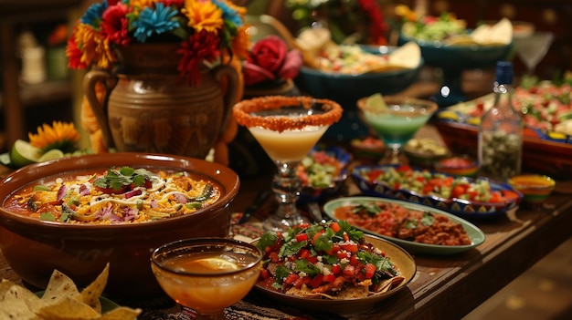 a table with many dishes including food and drinks