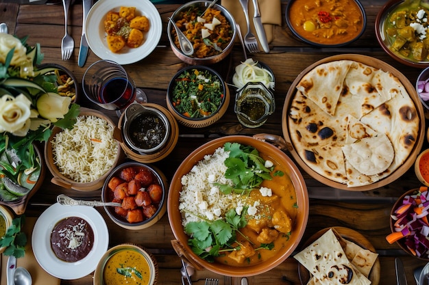 Photo a table with many dishes including rice rice and rice