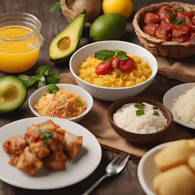 стол с множеством блюд, включая рис, рис и овощи