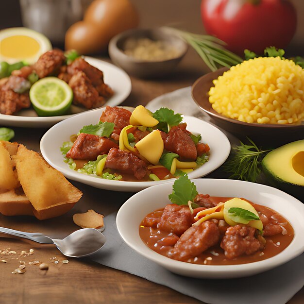 Photo a table with many dishes including rice rice and vegetables