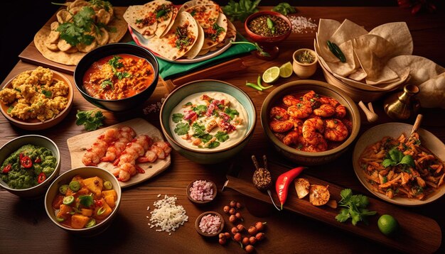 Photo a table with many dishes including rice rice and veggies